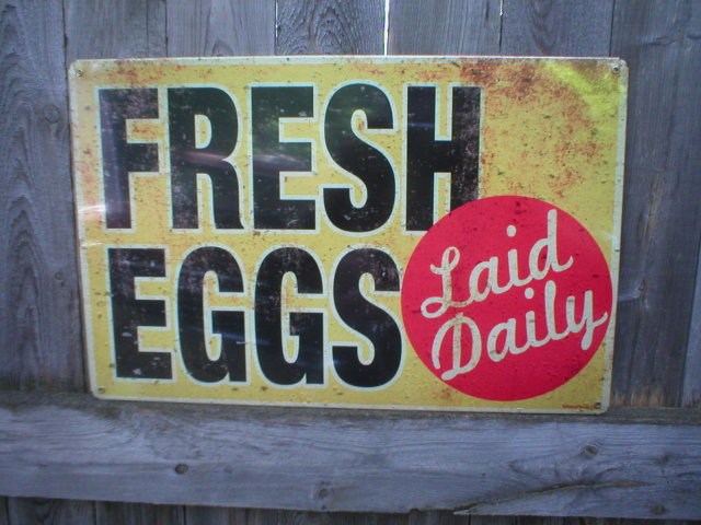 FRESH EGGS HEAVY METAL SIGN OLD LOOK