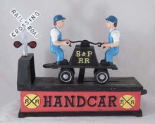 RAILROAD HAND CAR MECHANICAL BANK new