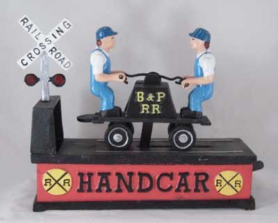 RAILROAD HAND CAR MECHANICAL BANK new