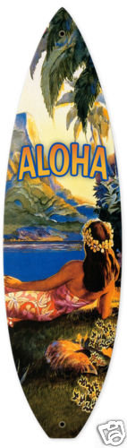 Aloha surfboard shaped metal sign COLORFUL