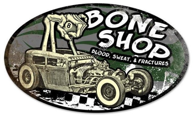 Bone Shop oval shaped Heavy Metal Sign