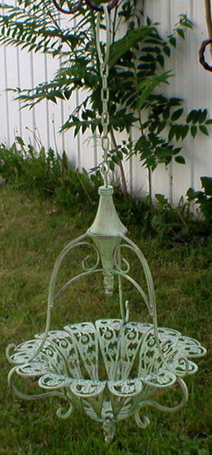 VICTORIAN MINT GREEN HANGING PLANTER WROUGHT IRON