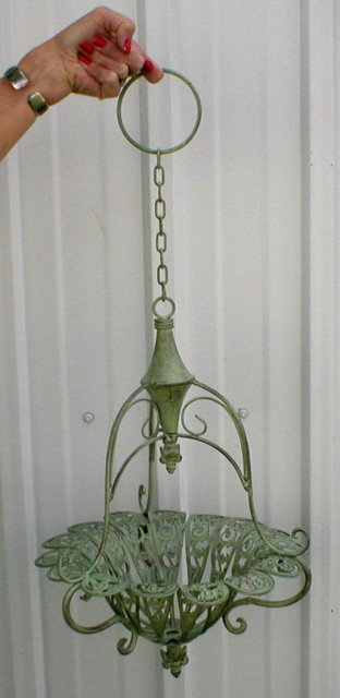 VICTORIAN MINT GREEN HANGING PLANTER WROUGHT IRON