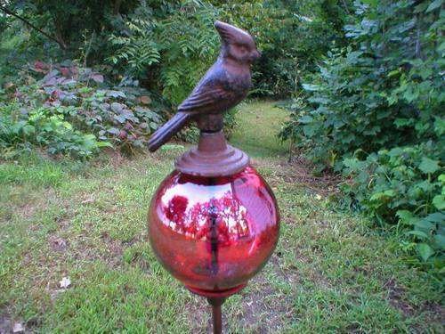 CARDINAL GARDEN STAKE HOME DECOR RED GLASS BALL