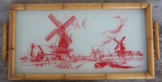 Vintage Red Windmill Glass Tray with Bamboo Frame