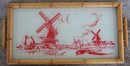 Vintage Red Windmill Glass Tray with Bamboo Frame