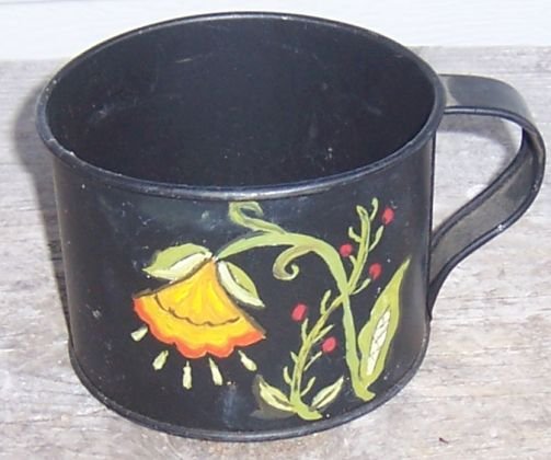 Vintage Black Metal Cup with Tole Painted Flowers