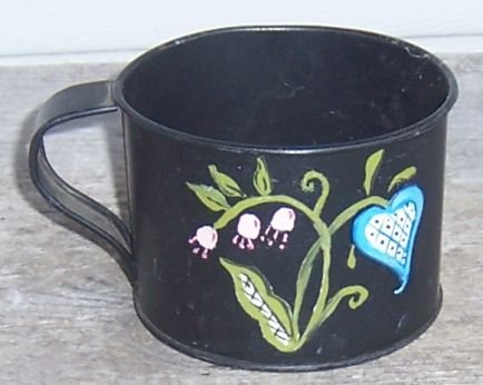 Vintage Black Metal Cup with Tole Painted Flowers