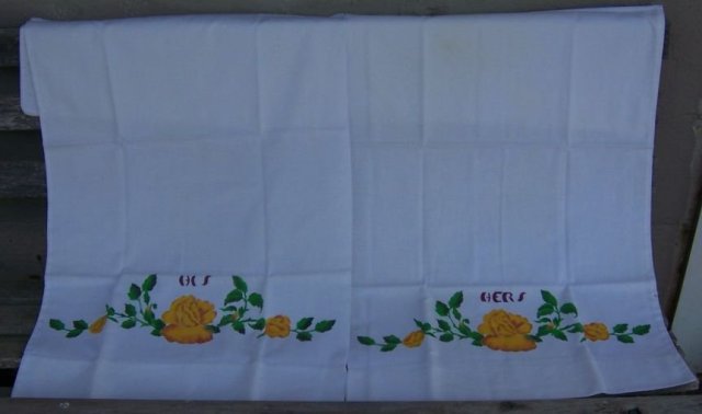 Vintage His and Hers Pillowcases with Painted Flowers