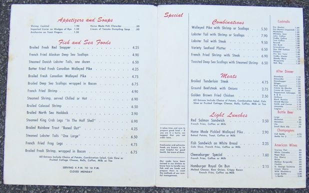 Vintage Menu Hillside Fish House, Fountain City, WI