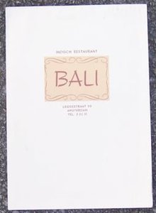 Vintage Menu Bali Indisch Restaurant, Amsterdam Holland