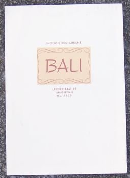 Vintage Menu Bali Indisch Restaurant, Amsterdam Holland