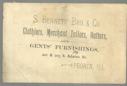 Victorian Trade Card for S. Bennett Bro. And Company, Gents' Furnishings, Peoria
