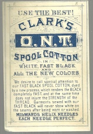 Victorian Trade Card for Clark's Fast Black Spool Cotton with Boy Sewing Pants