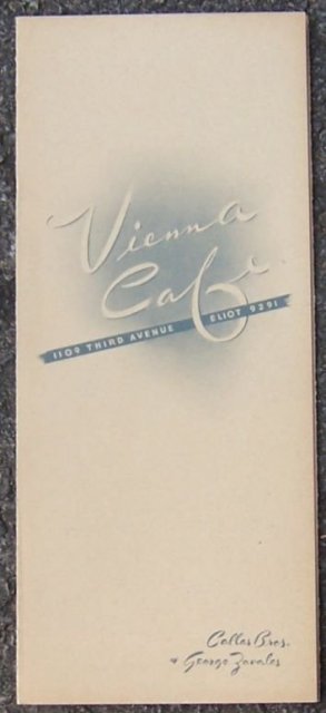 Vintage Menu Vienna Cafe 1109 Third Ave Eliot 9291 1943