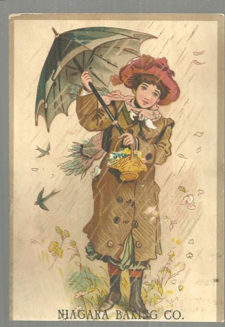 Victorian Trade Card for Niagara Baking Co. with Women in the Rain with Umbrella