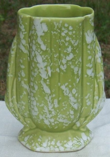 Vintage Green Pottery Vase with White Splatter Spots