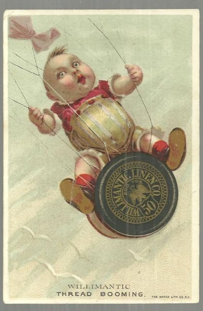 Victorian Trade Card for Williamantic Six Cord Spool Cotton with Flying Baby
