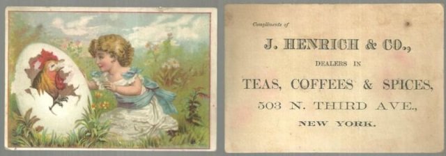 Victorian Trade Card for J. Henrich & Co. Little Girl with Rooster Hatching