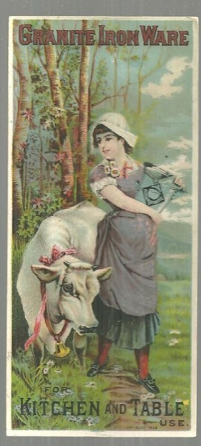 Victorian Trade Card for Granite Iron Ware For Kitchen Lovely Lady and Her Cow