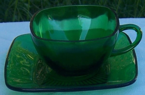 Vintage Anchor Hocking Forest Green Glass Charm Cup And Saucer