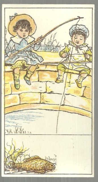 Victorian Card with Two Boys Sitting on Stone Bridge Fishing