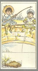 Victorian Card with Two Boys Sitting on Stone Bridge Fishing