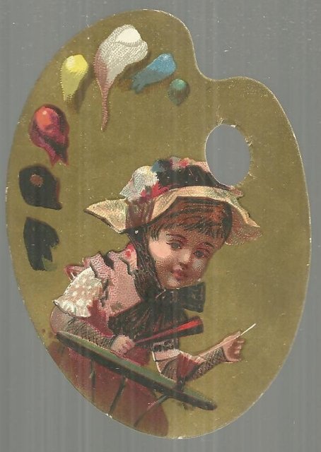 Victorian Artist Palette Die Cut Card with Little Girl Having a Soda