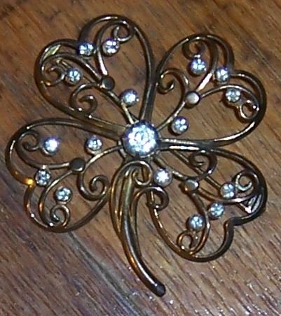 Vintage Gold Tone Lacy Four Leaf Clover Pin with Clear Rhinestones
