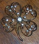 Vintage Gold Tone Lacy Four Leaf Clover Pin with Clear Rhinestones