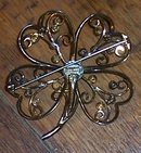 Vintage Gold Tone Lacy Four Leaf Clover Pin with Clear Rhinestones