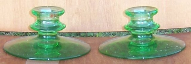 Vintage Pair of Light Green Glass Short Candlesticks
