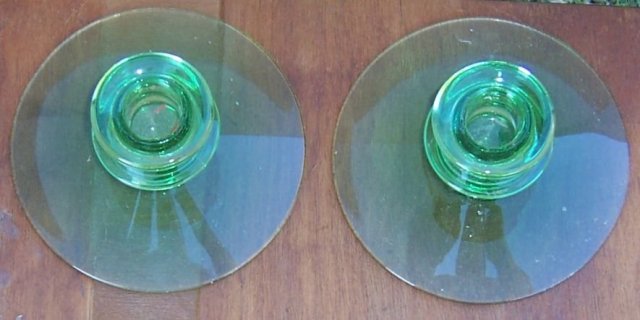 Vintage Pair of Light Green Glass Short Candlesticks