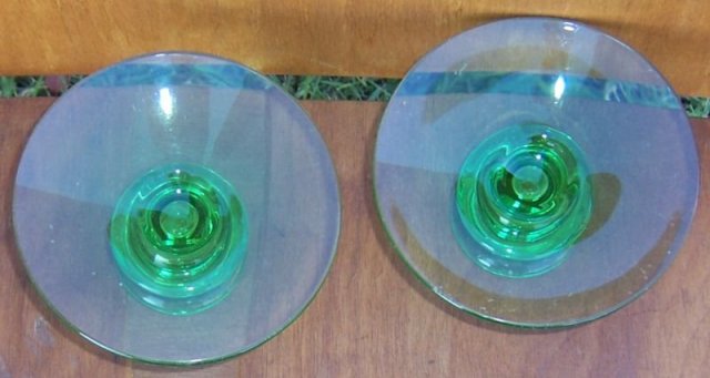 Vintage Pair of Light Green Glass Short Candlesticks