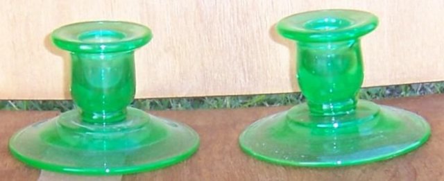 Vintage Pair of Green Glass Short Candlesticks