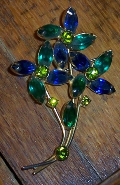 Vintage Gold Tone Flower Bouquet Pin with Blue and Green Rhinestones