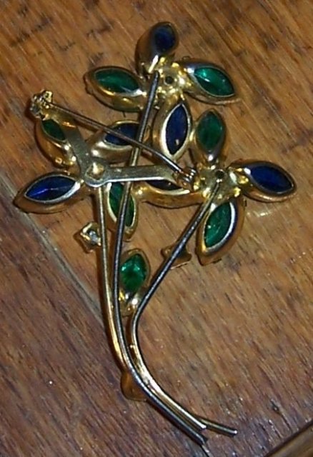 Vintage Gold Tone Flower Bouquet Pin with Blue and Green Rhinestones