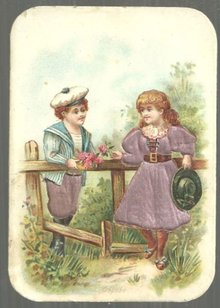 Victorian Trade Card For Chocolat Poulain with Boy and Girl Talking Over Fence