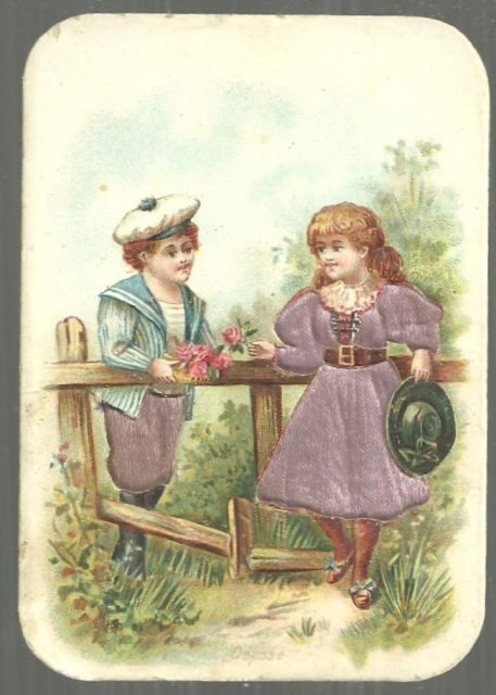 Victorian Trade Card For Chocolat Poulain with Boy and Girl Talking Over Fence