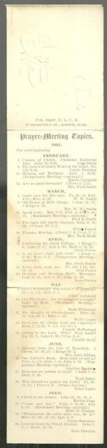 1891 Prayer Meeting Topics Calendar for Congregational Church, Jeffersonvile, VT