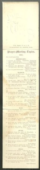 1891 Prayer Meeting Topics Calendar for Congregational Church, Jeffersonvile, VT