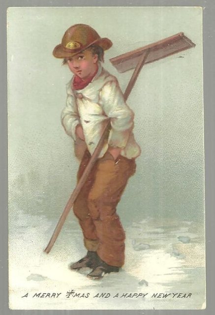 Victorian Merry Christmas and A Happy New Year Card With Boy and His Snow Shovel