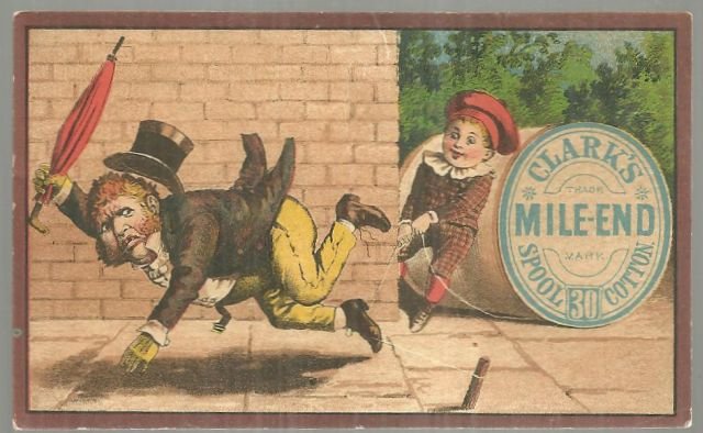 Victorian Trade Card for Clark's Mile End Spool Cotton with Boy Pulling a Prank