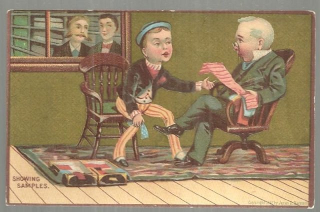 Victorian Trade Card Boy Showing Tie Samples with Gold Background