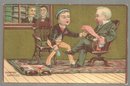 Victorian Trade Card Boy Showing Tie Samples with Gold Background