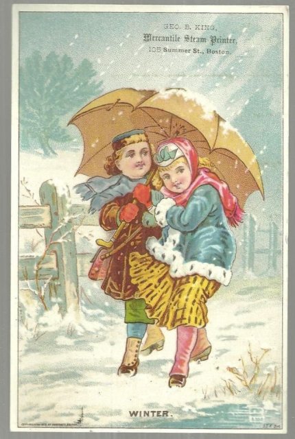 Victorian Trade Card for Geo. E. King Mercantile Steam Printer Girls in Winter