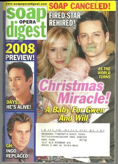 Soap Opera Digest Magazine January 1, 2008 Christmas Miracle ATWT Gwen and Will