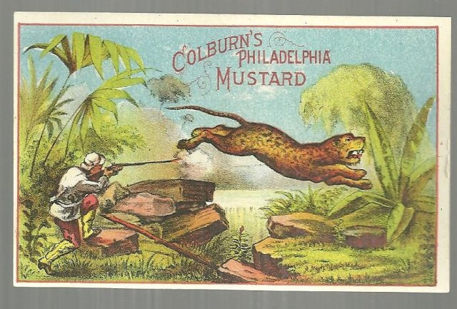 Victorian Trade Card for Colburn's Philadelphia Mustard with Big Game Hunter
