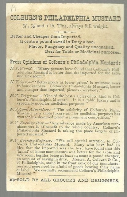 Victorian Trade Card for Colburn's Philadelphia Mustard with Big Game Hunter