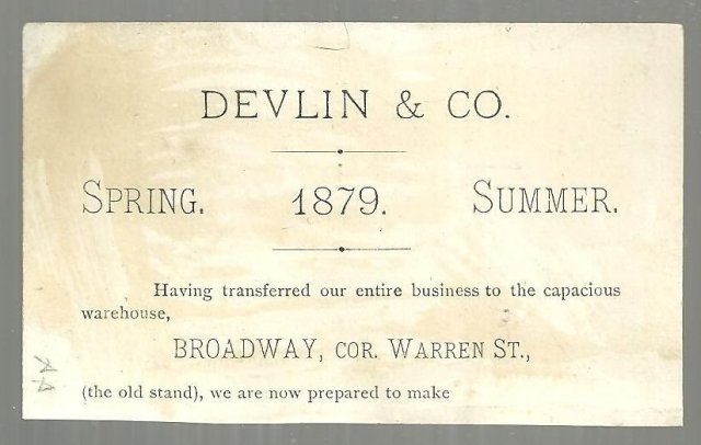 Victorian Trade Card for Devlin and Company Clothing Store with Barn and Flowers